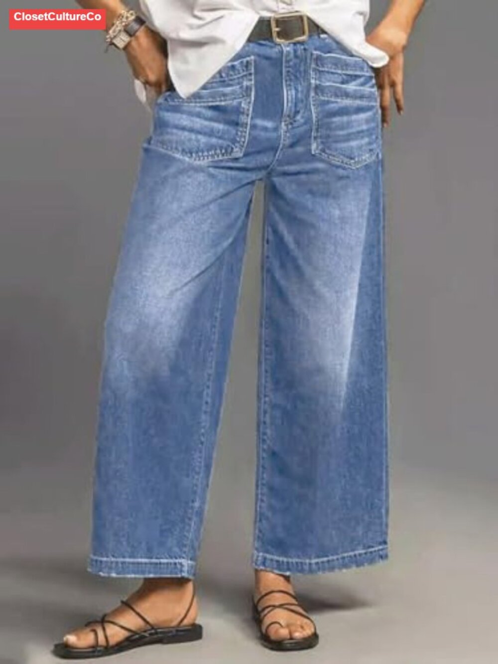Wide Leg High Waisted Stretchy Ankle Denim Pants Raw Hem Baggy Jeans - Picture 3 of 3